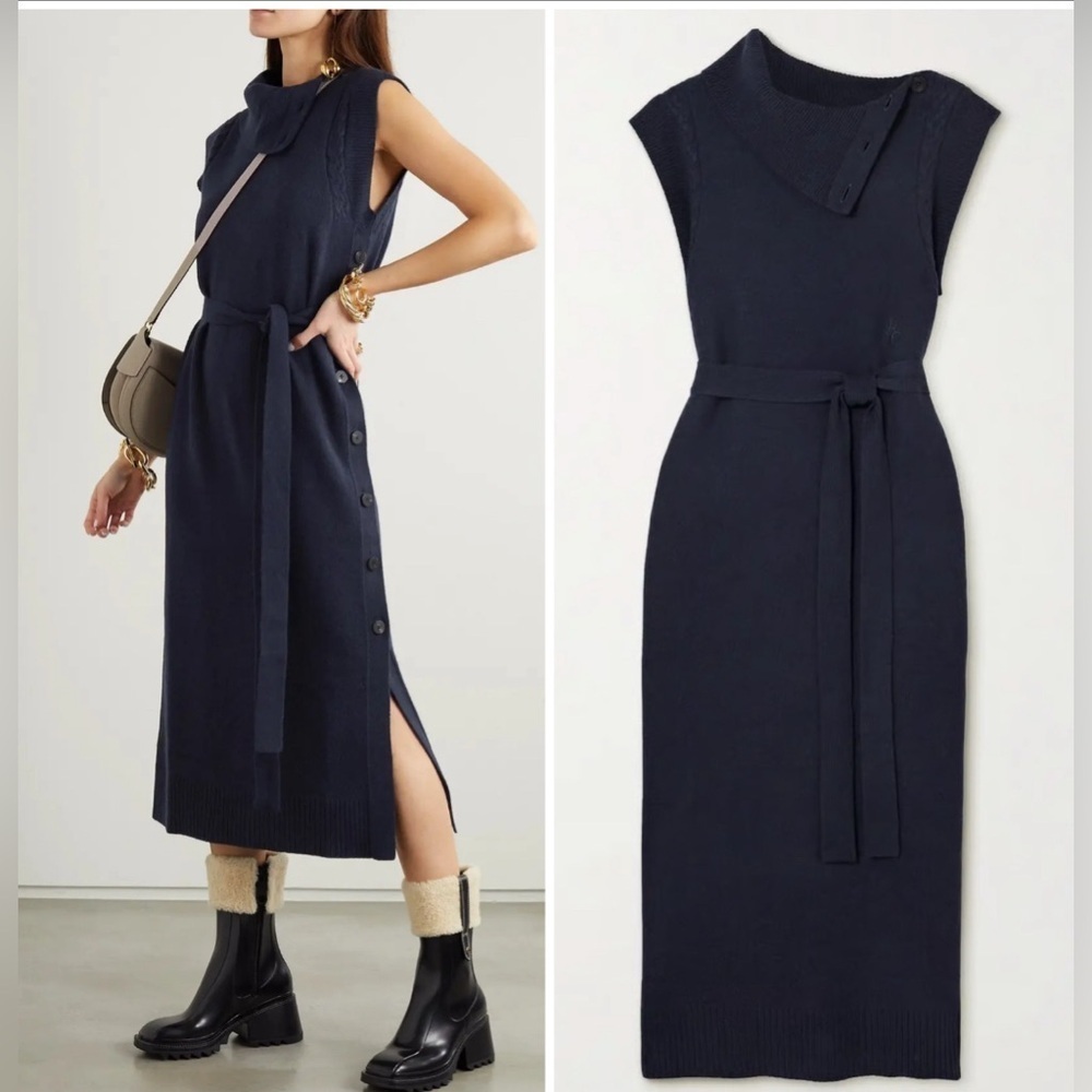 Chloe Button-Detailed Wool And Cashmere-Blend Midi Dress Navy